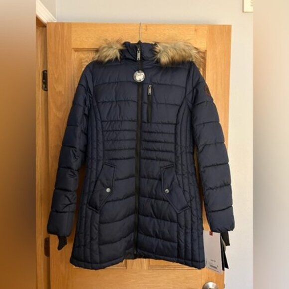 HFX Blue Midweight Faux Fur Trimmed Hood Zippered Water Resistant Puffer Jacket - Picture 4 of 7